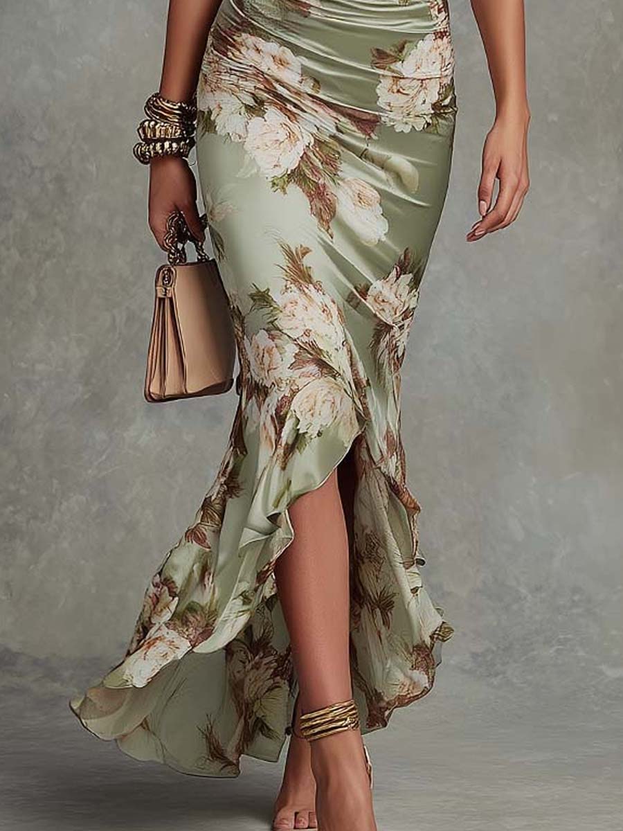 Lorena | Vestido Largo Asimétrico de Satén Verde con Estampado Floral