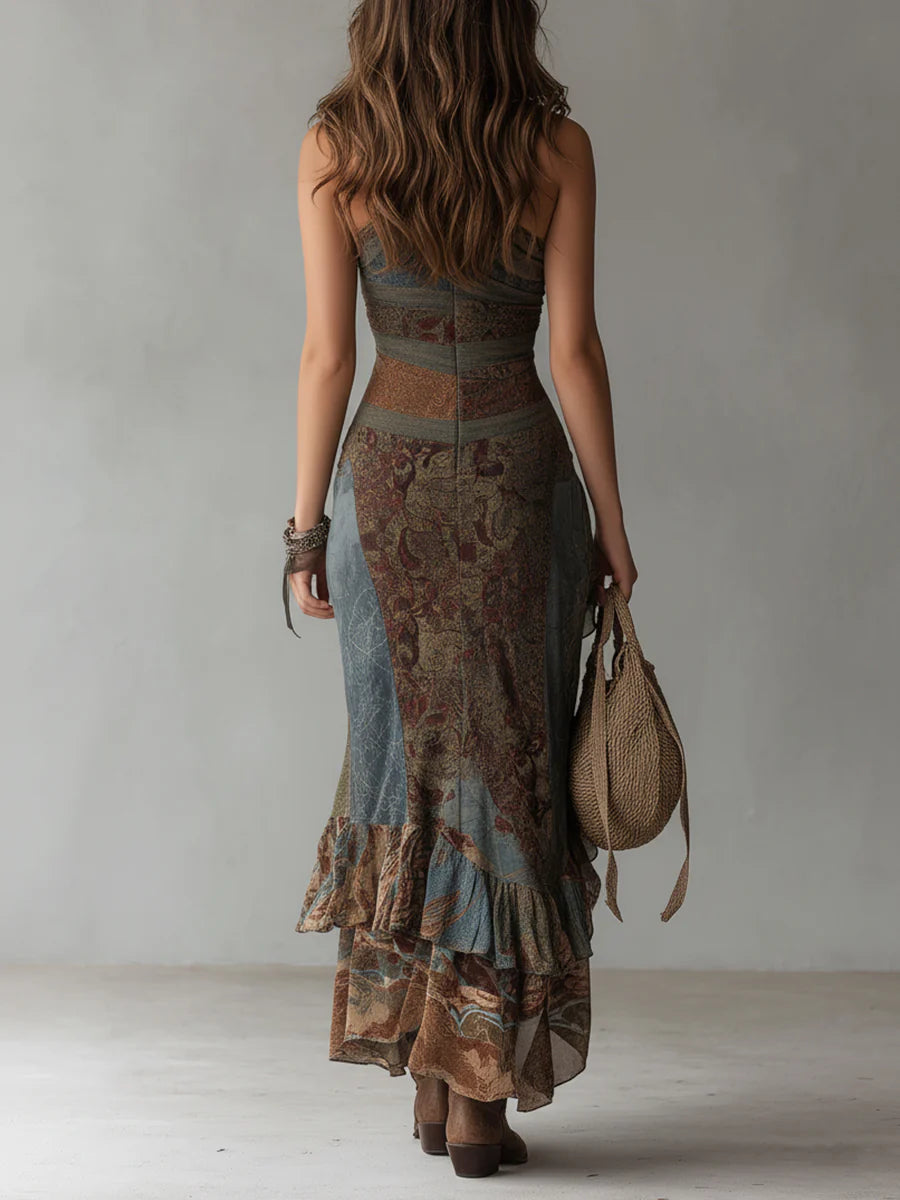 Lidia | Vestido Largo de Un Hombro con Estampado Étnico y Abertura