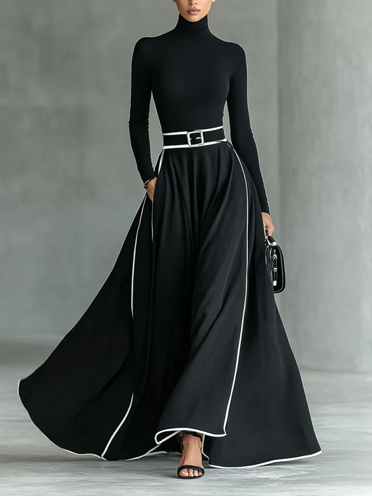 Julia – Vestido Largo Negro de Mujer con Costuras Blancas y Cuello Alto, Manga Larga, Cintura Ceñida