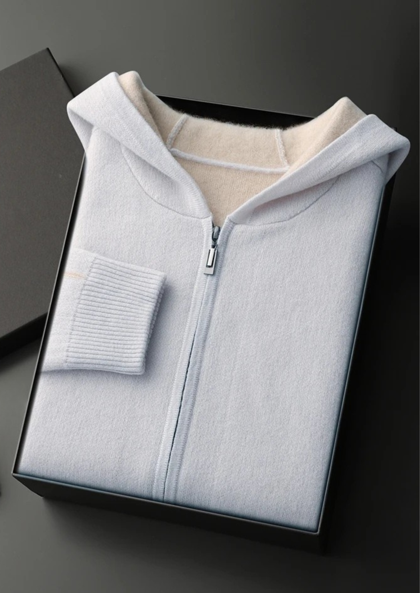 SUDADERA CON CAPUCHA DE DOS TONOS Y CREMALLERA, 100 % CACHEMIRA