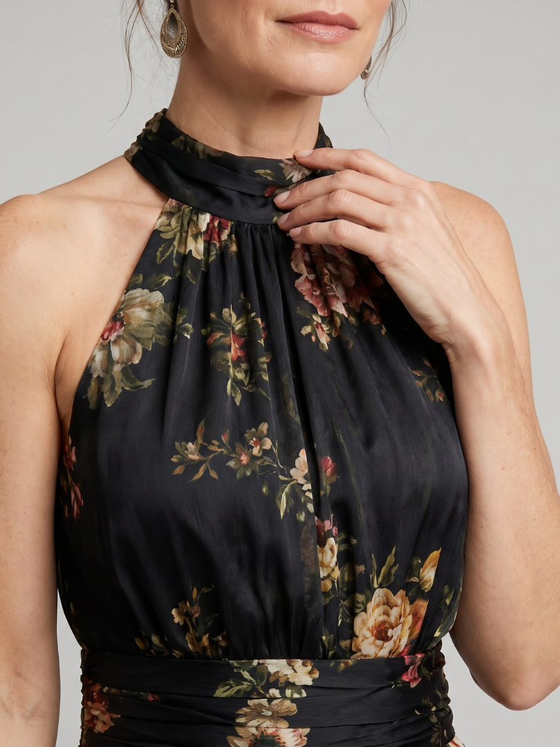 Marina | Vestido Midi Floral con Cuello Halter