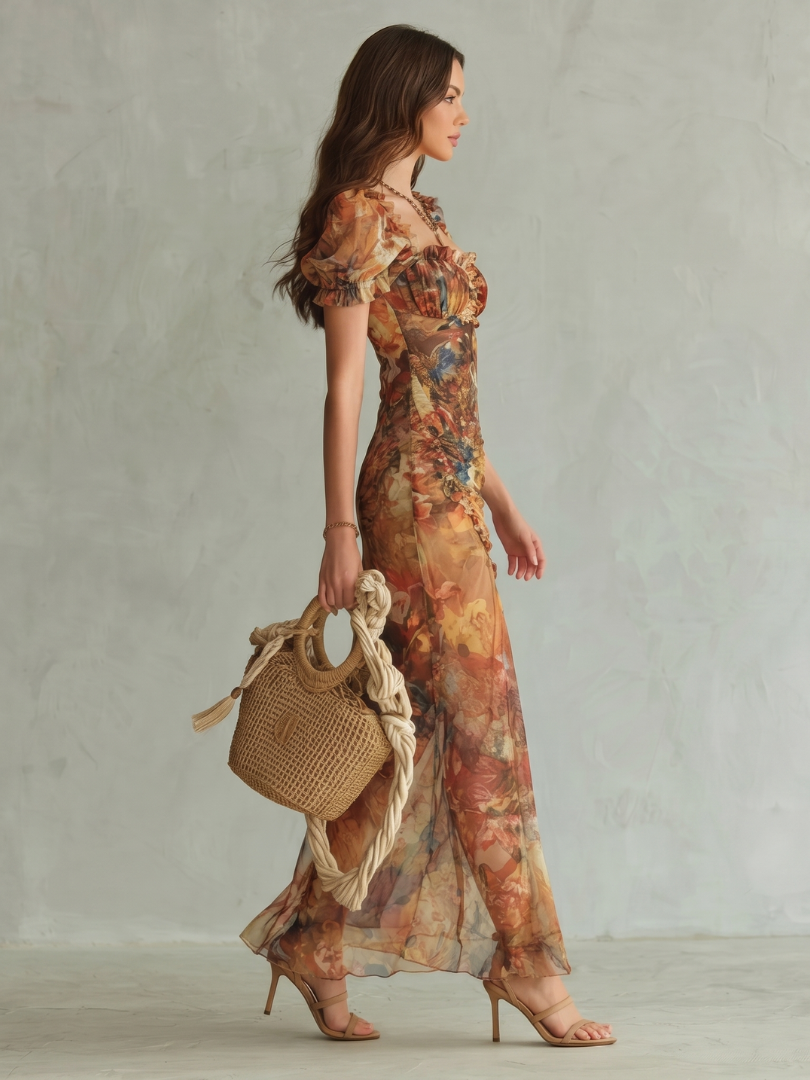 Inés | Vestido Midi Fruncido con Mangas de Volante y Abertura