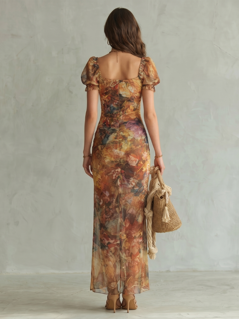 Inés | Vestido Midi Fruncido con Mangas de Volante y Abertura