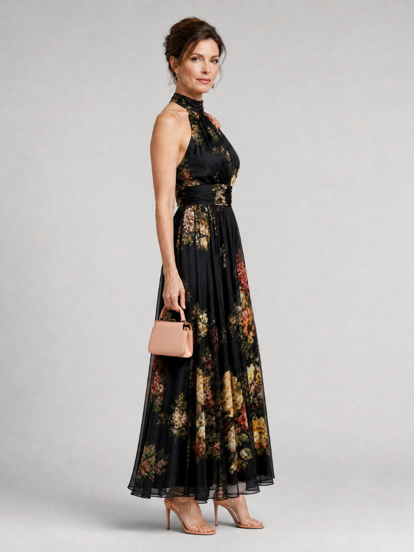 Marina | Vestido Midi Floral con Cuello Halter