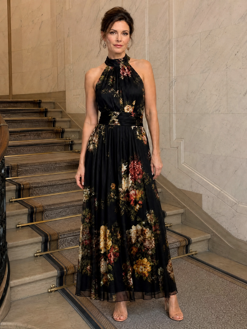 Marina | Vestido Midi Floral con Cuello Halter