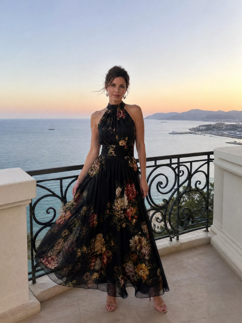 Marina | Vestido Midi Floral con Cuello Halter