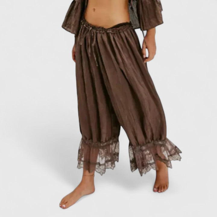 Montserrat | Pantalones Fluidos de Pierna Ancha con Bajo de Encaje