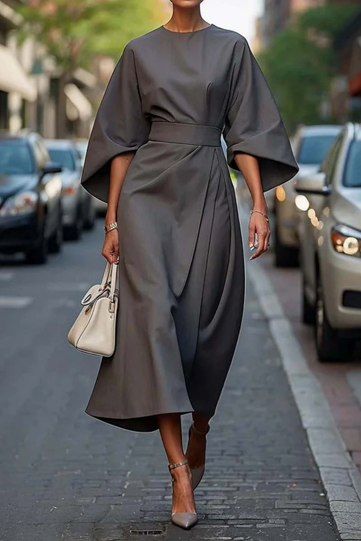 Cristina | Vestido Elegante con Mangas Farol y Cintura Ajustable