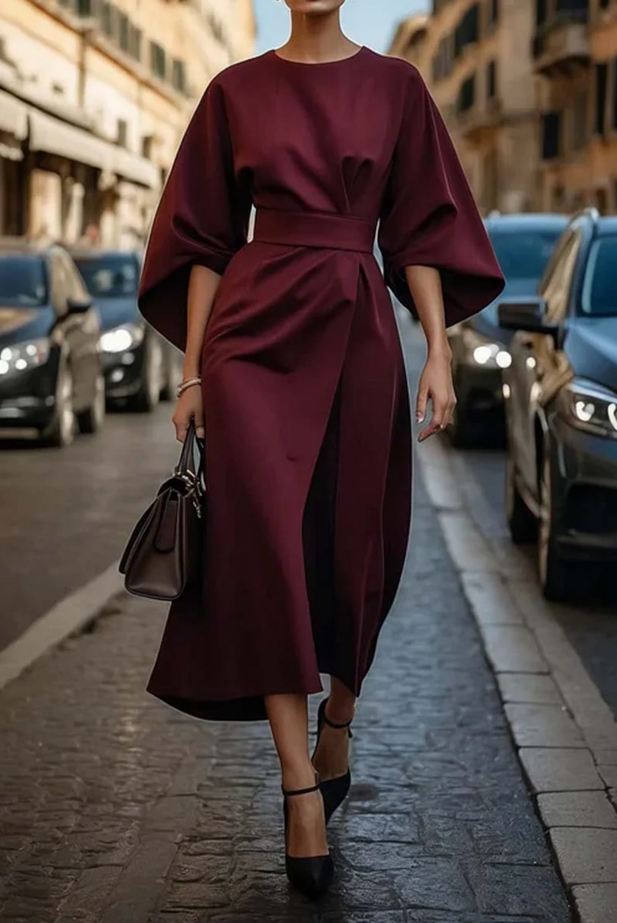 Cristina | Vestido Elegante con Mangas Farol y Cintura Ajustable