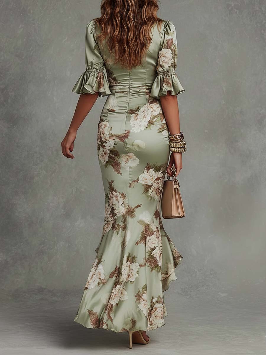 Lorena | Vestido Largo Asimétrico de Satén Verde con Estampado Floral