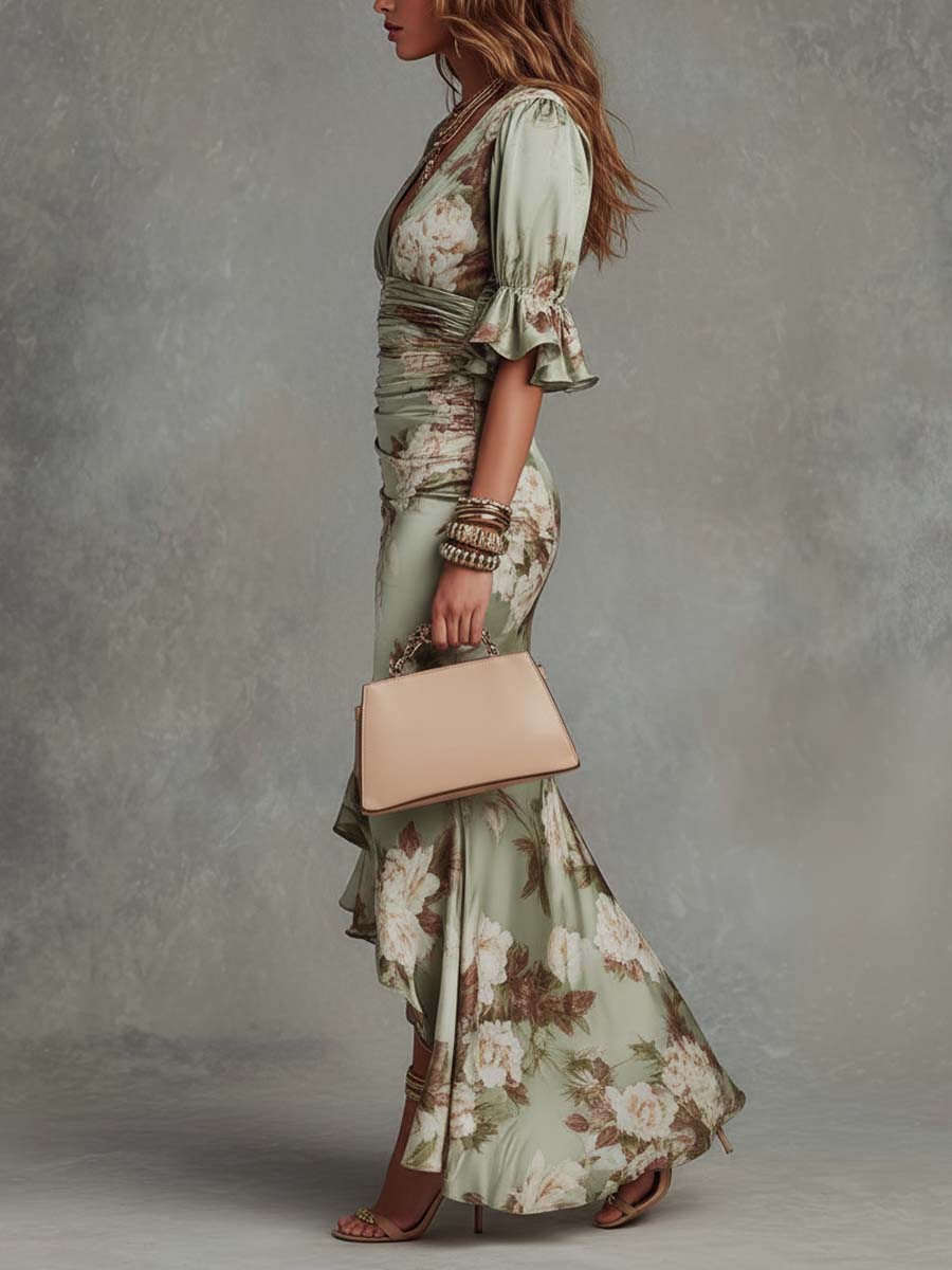Lorena | Vestido Largo Asimétrico de Satén Verde con Estampado Floral