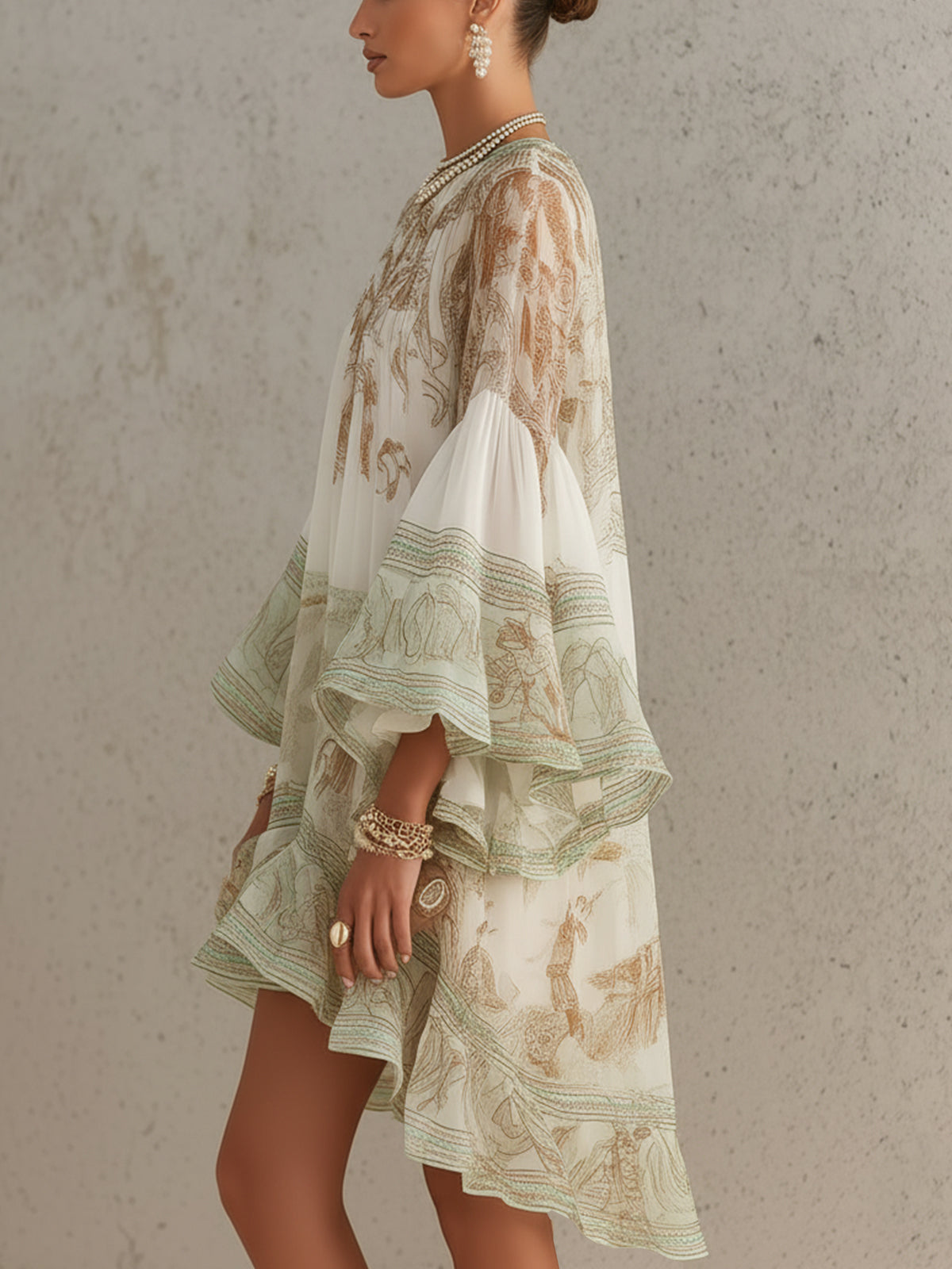 Alicia | Vestido Mini de Gasa con Estampado Verde y Volantes
