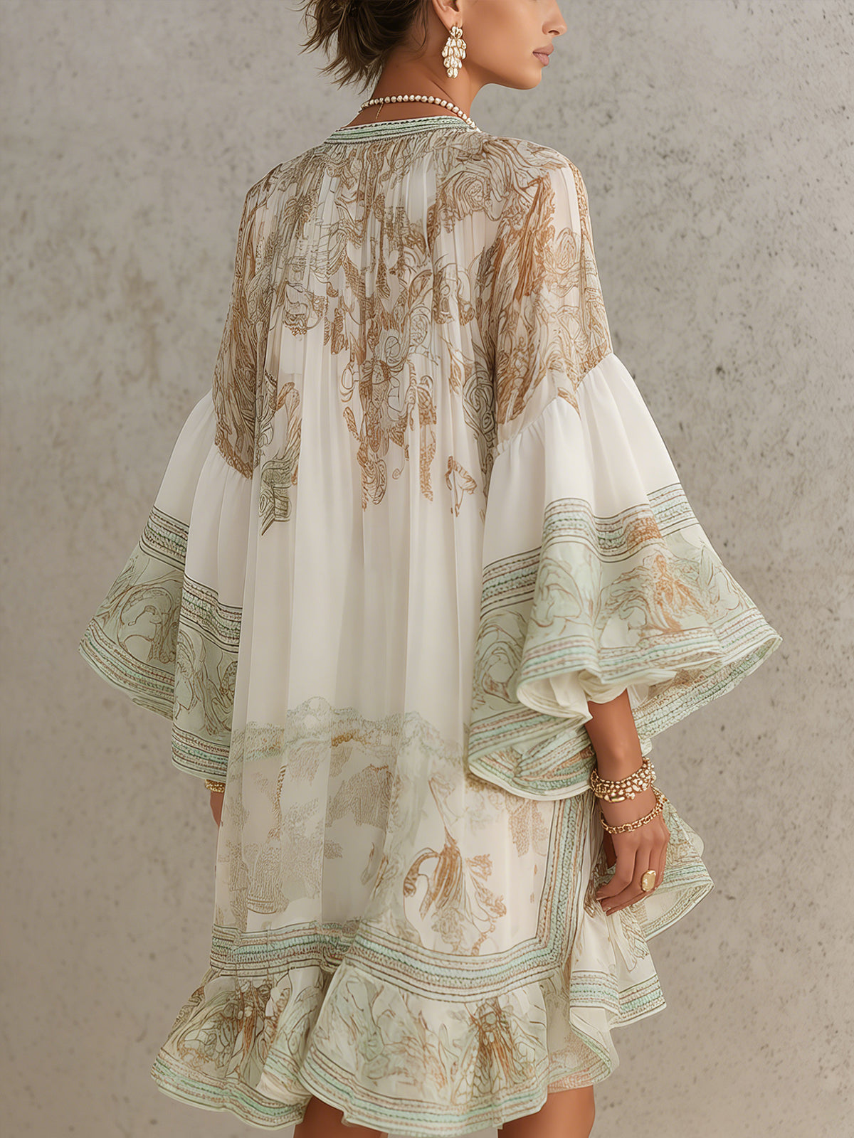 Alicia | Vestido Mini de Gasa con Estampado Verde y Volantes