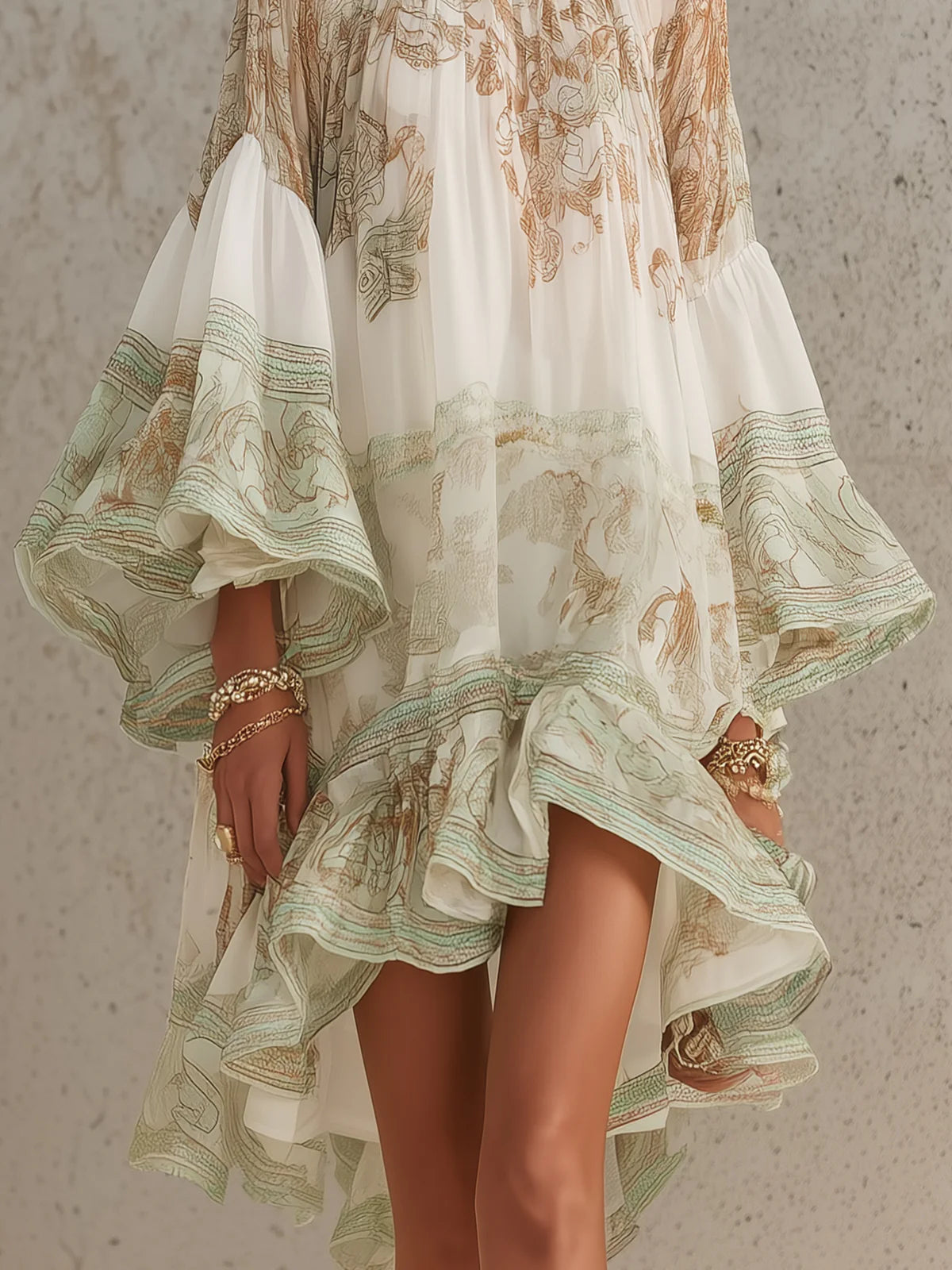 Alicia | Vestido Mini de Gasa con Estampado Verde y Volantes