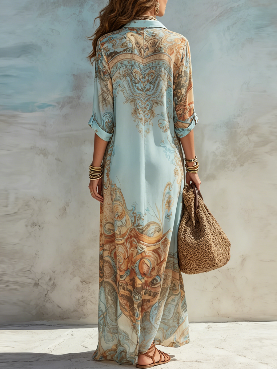 Marta | Vestido Camisero Largo con Estampado Floral Azul