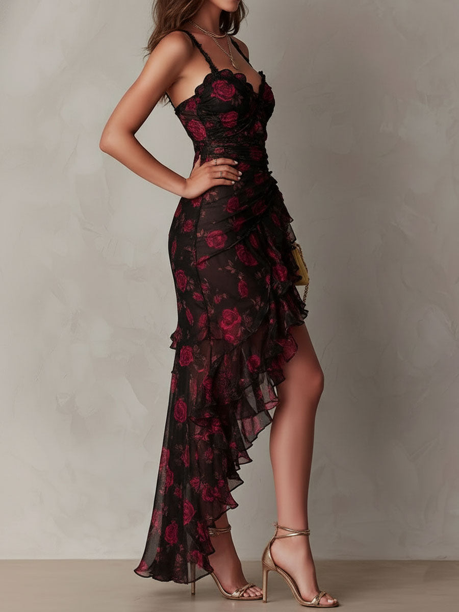 Pilar | Vestido Floral Negro y Rojo con Fruncido y Volantes