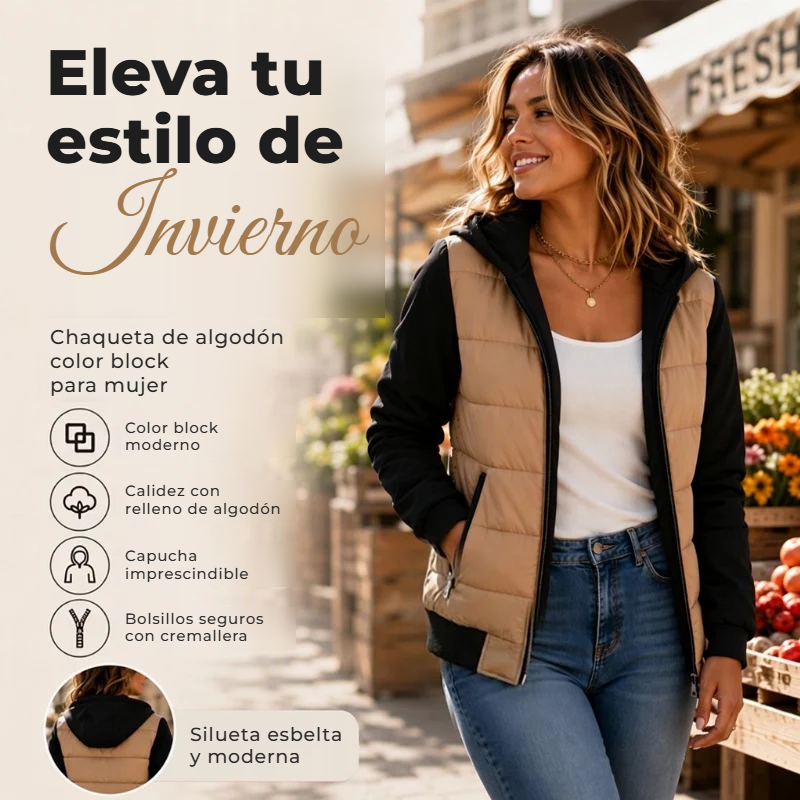 Chaqueta acolchada con capucha bicolor para mujer