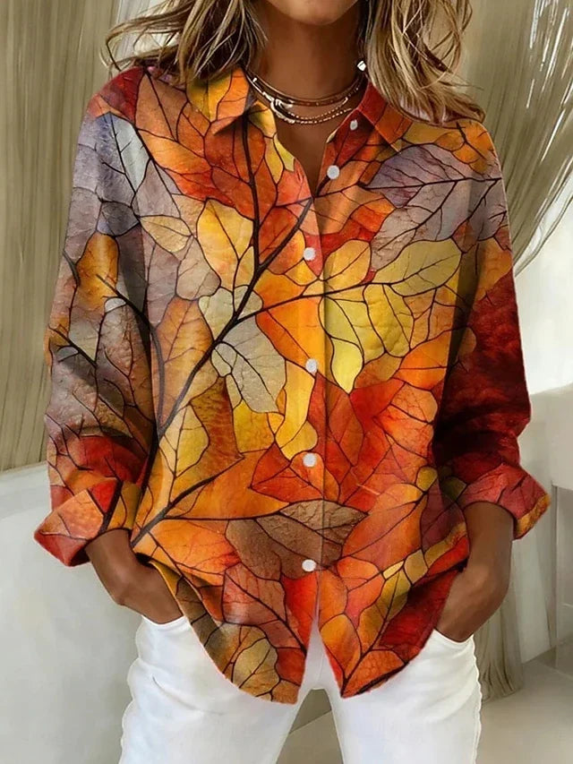 Ximena | Blusa con Botones y Estampado de Hojas de Otoño